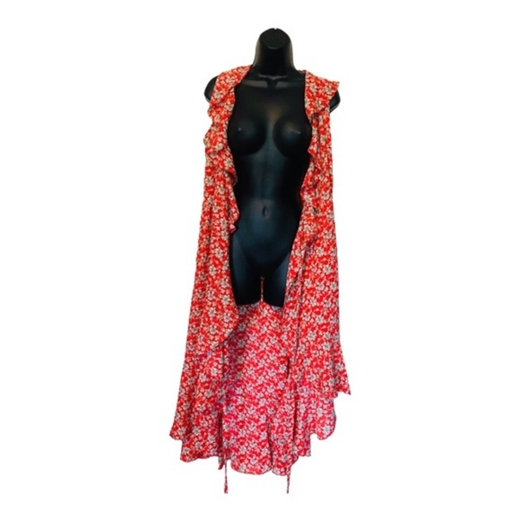 Max Studio Orange floral‎ ruffle bishop collar full wrap maxi dress size Small - Picture 7 of 13